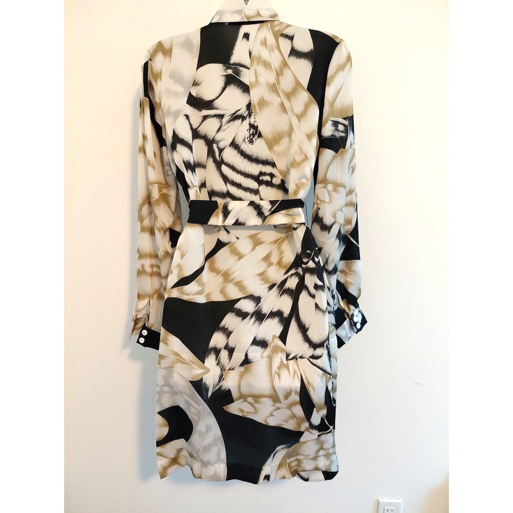 NWT Satin Tie Waist Shirt Dress MEDIUM Lightweight Olive Black Career Chic Sheer - Picture 6 of 10